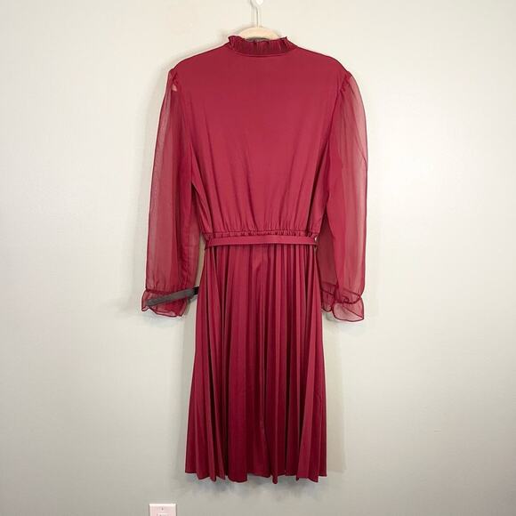 Montgomery Ward Maroon Sheer Ruffled Belted Button Pleated Midi Dress Size L/XL - Picture 2 of 9